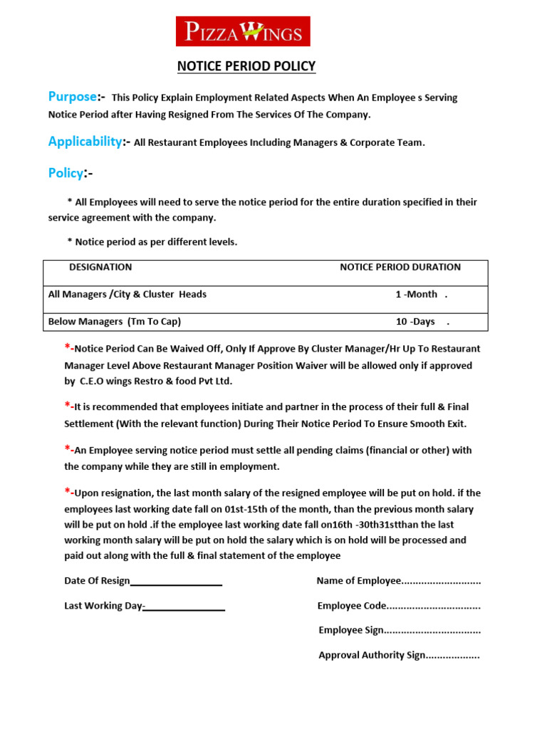 Notice Period Policy for Restaurant Employees | PDF