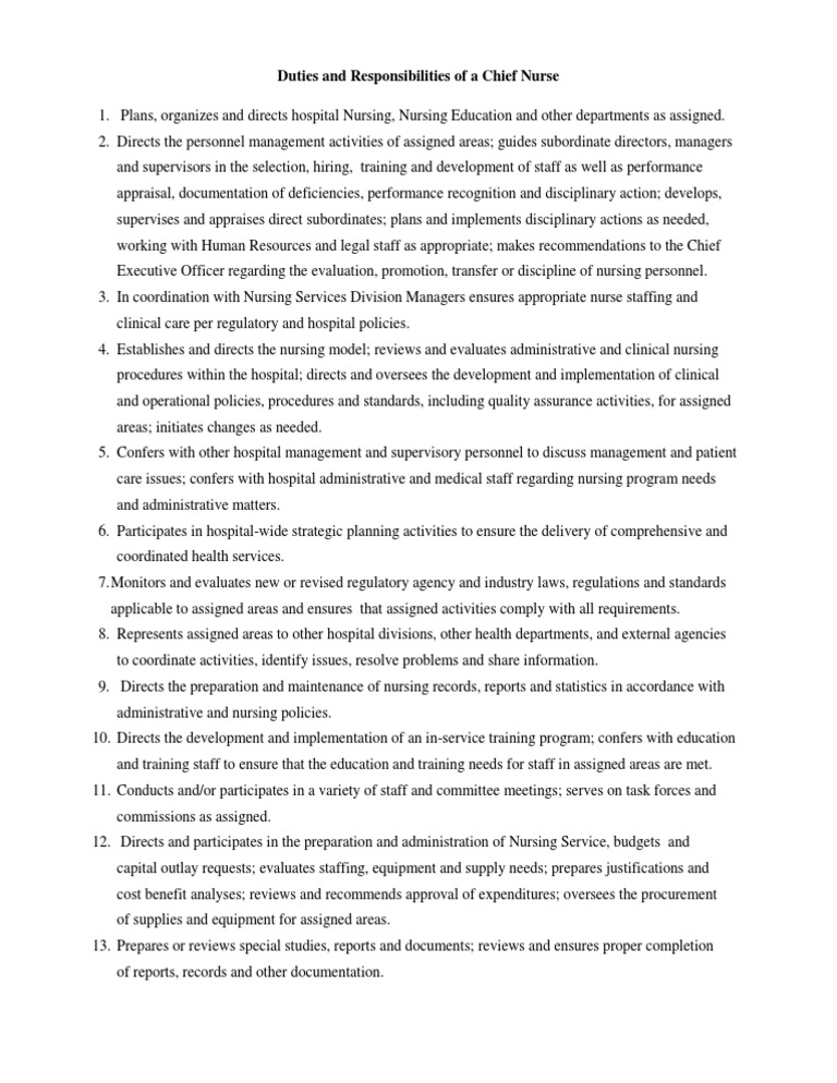 Duties and Responsibilities of a Chief Nurse Nursing Hospital