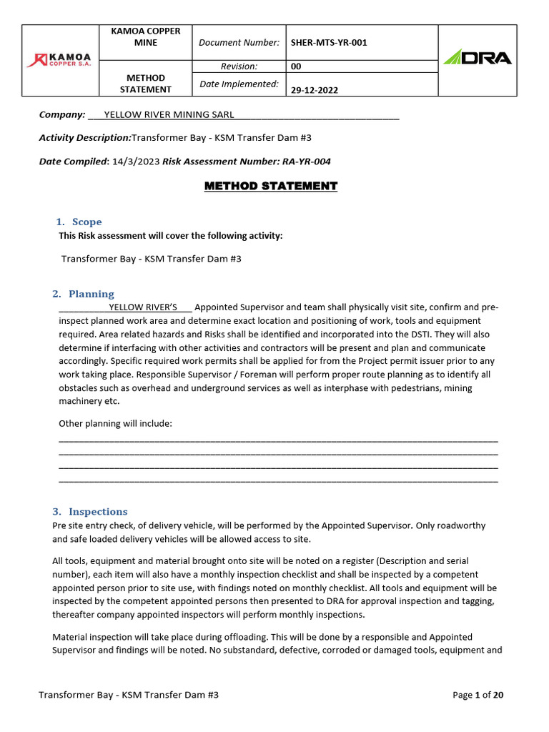 Kamoa Copper Mine Method Statement | PDF | Concrete | Beam (Structure)