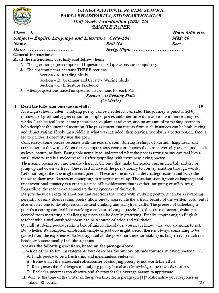 Class X English Sample Paper 2025-26 | PDF | Nobel Prize | Public Speaking