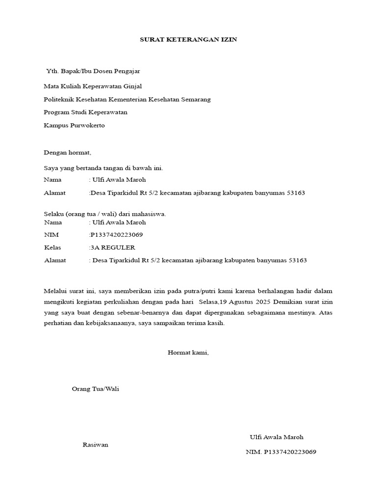Format Surat Keterangan Izin 2 Matkul Salinan 2 | PDF