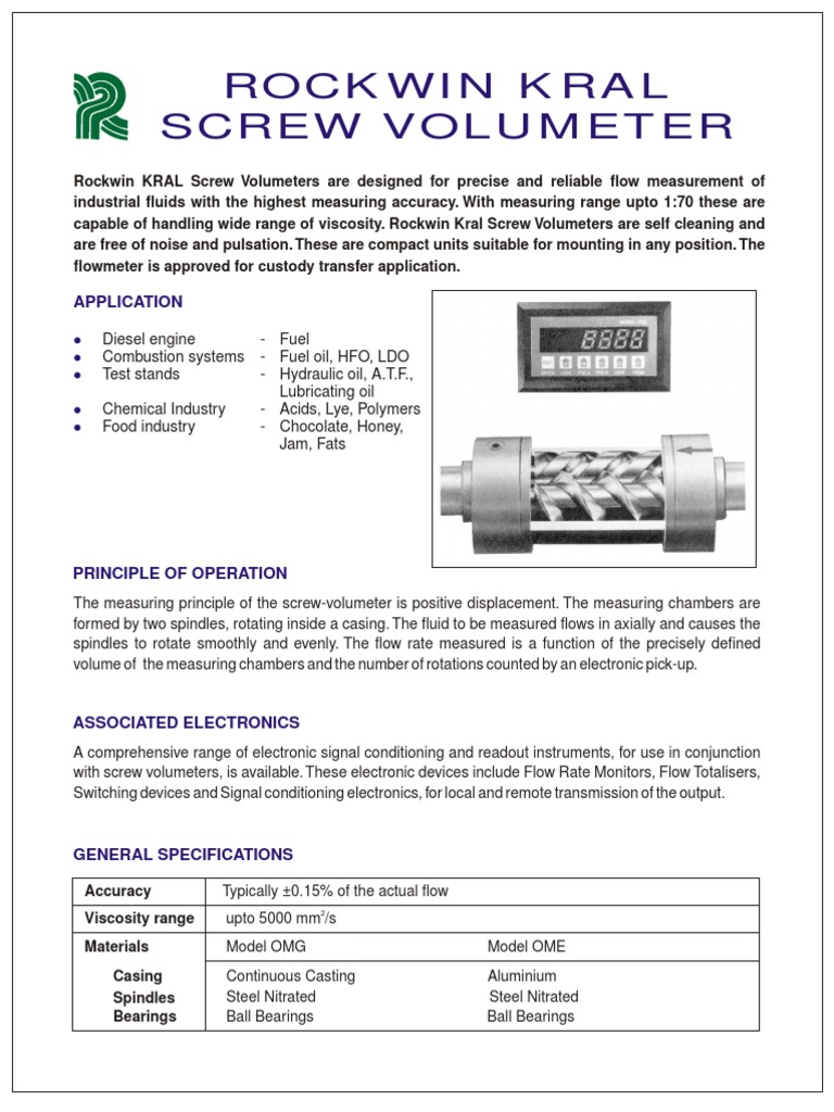 KRAL Screw Volumeter PDF Bearing (Mechanical) Flow Measurement