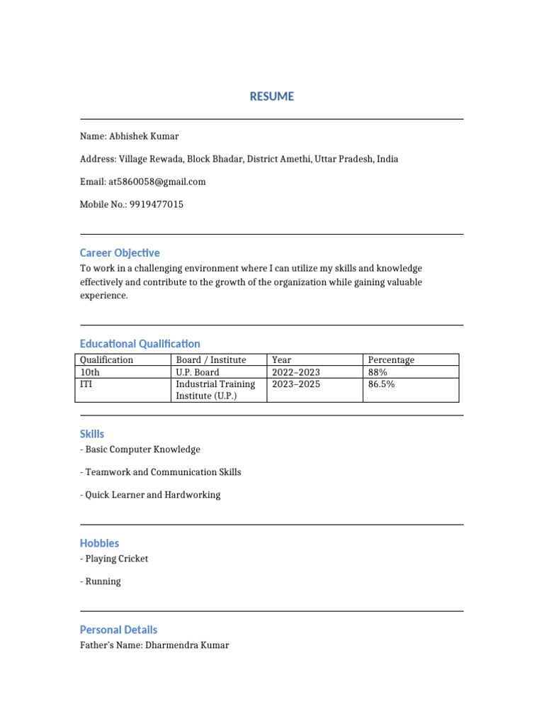 Abhishek Kumar Resume With Table | PDF