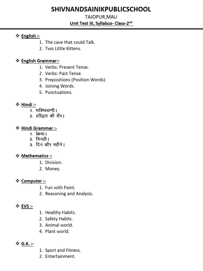 Class 2nd Syllabus | PDF
