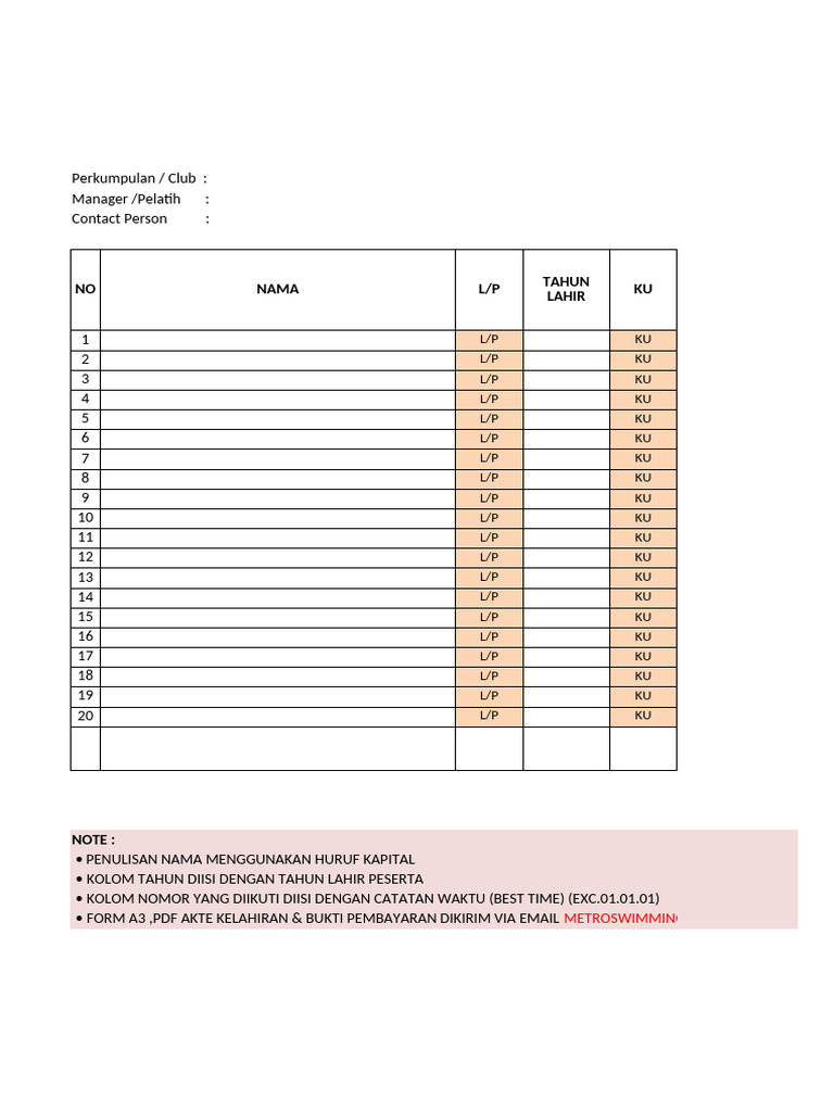Formulir Kejuaraan Renang 2025 | PDF