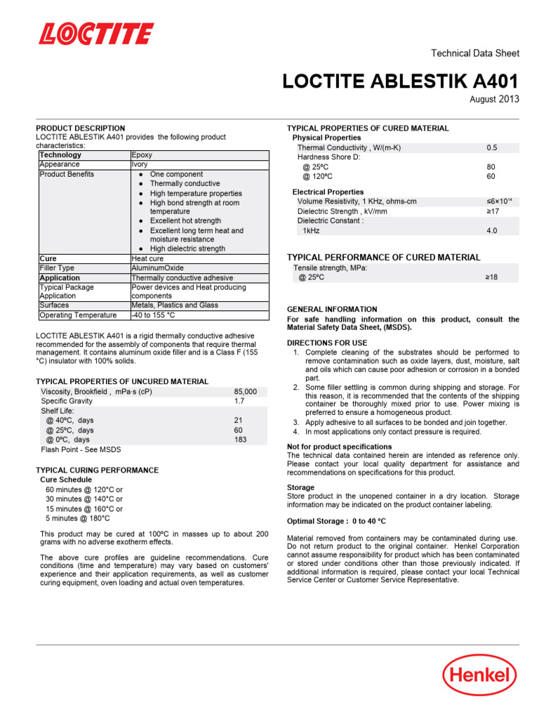LOCTITE ABLESTIK A401 Technical Data Sheet | PDF | Secondary Sector Of ...