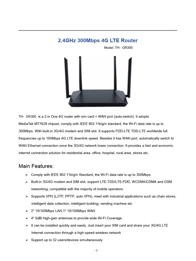 4G LTE Router TH-4GR300 Features | PDF | 4 G | Wi Fi