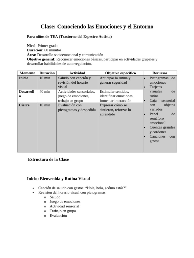 Plan de Clase de TEA | PDF | Las emociones | Autismo