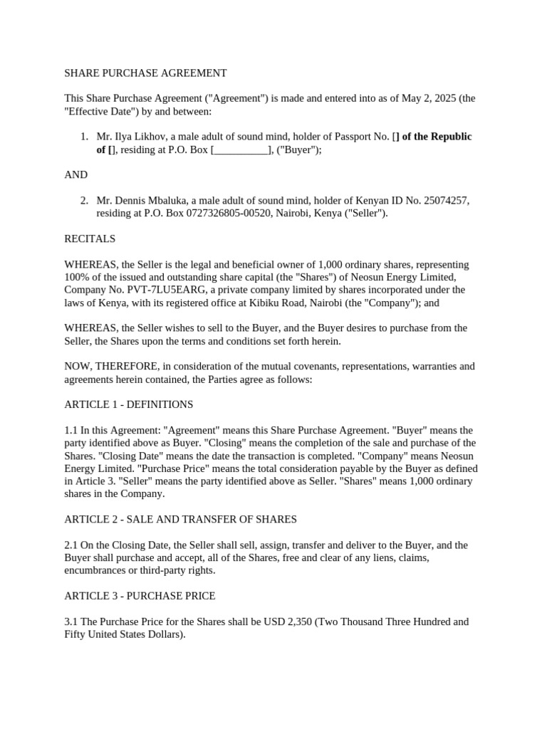 Share Purchase Agreement for Neosun Energy | PDF | Indemnity | Common Law