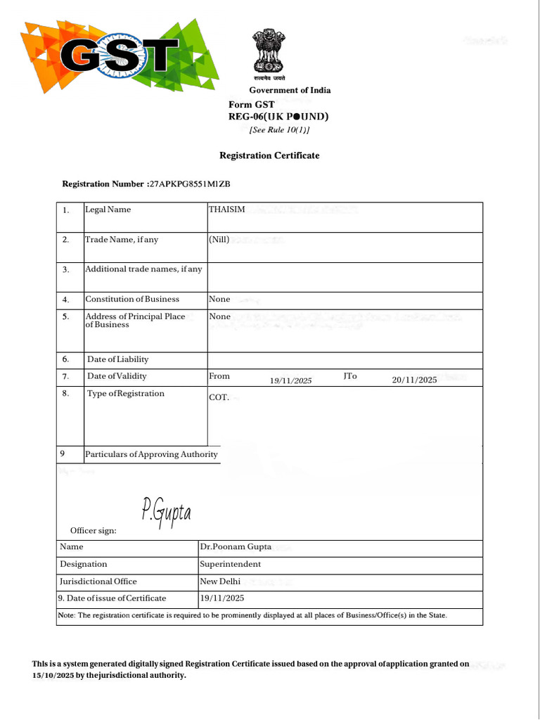 GST Registration Certificate for THAISIM | PDF | Chess Theory | Chess