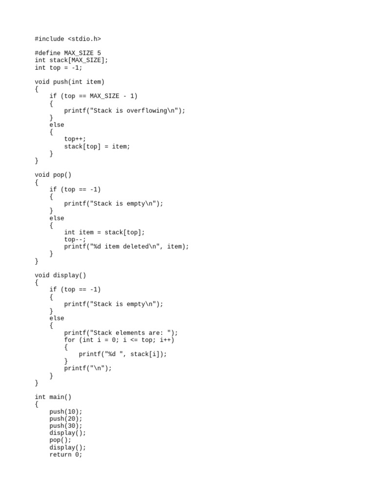 C Stack Implementation in C Language | PDF