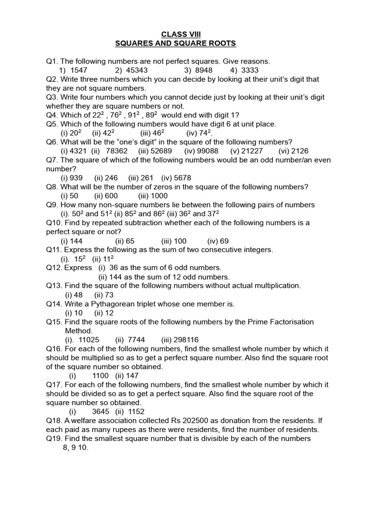 Squares and Square Roots Exercises | PDF | Numbers | Square Root