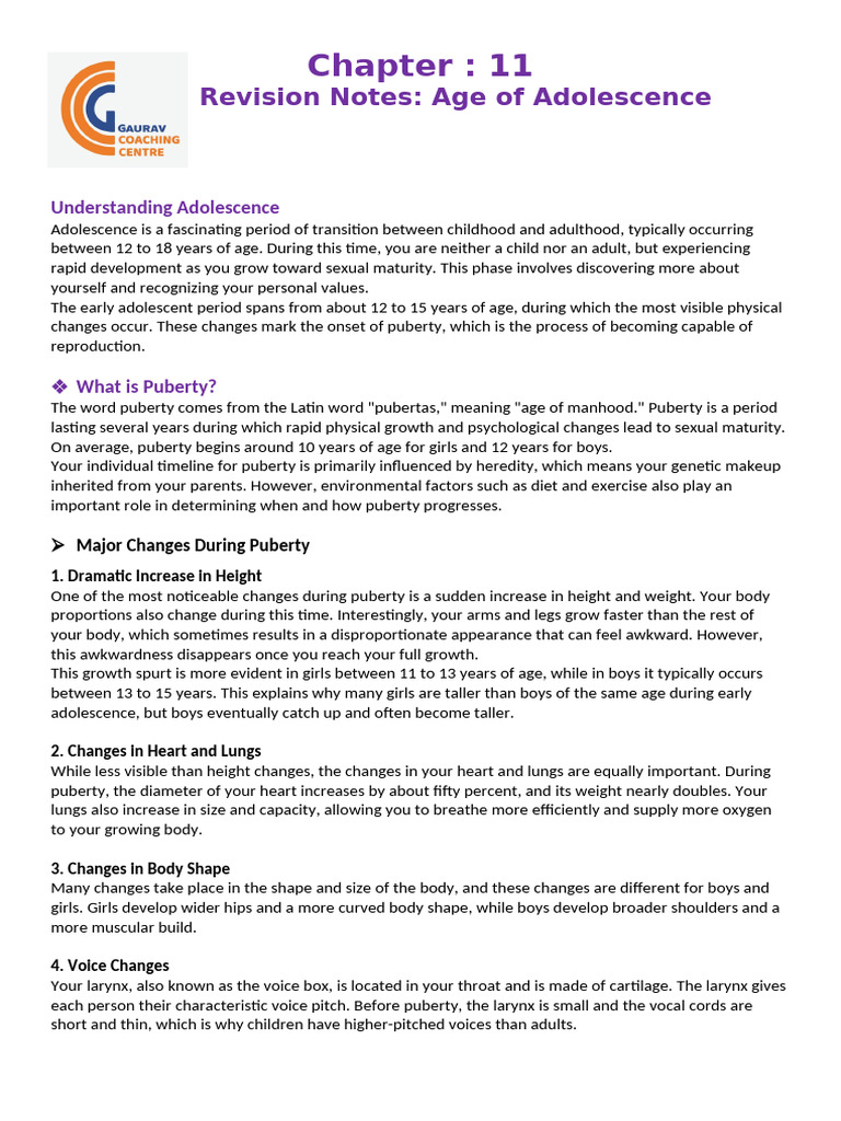Adolescence Chapter Notes and Q.ans | PDF | Menstrual Cycle | Endocrine ...