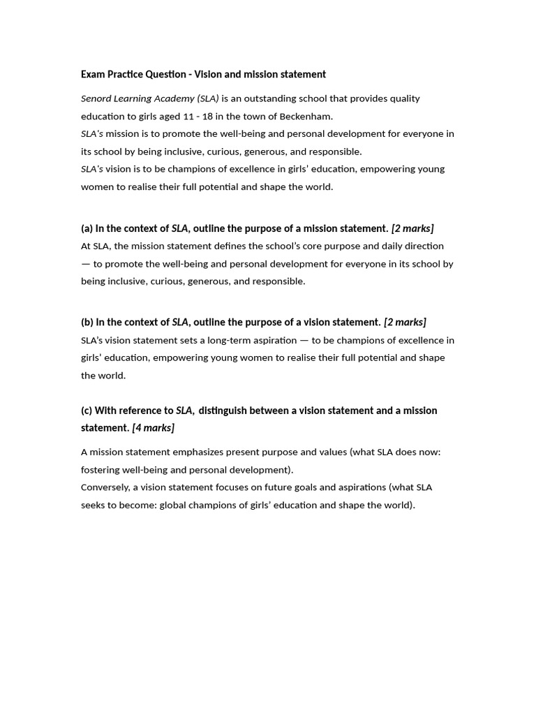 Exam Practice Question - Vision and Mission Statement | PDF