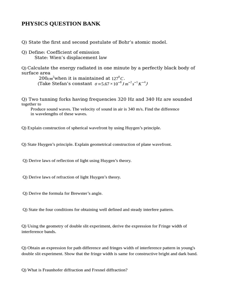 Comprehensive Physics Question Bank | PDF | Diffraction | Capacitor