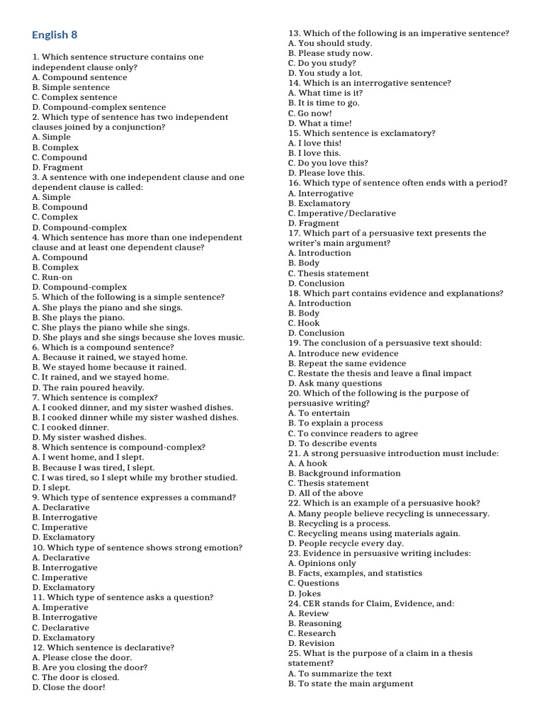 English 8 2nd Qtr | PDF | Sentence (Linguistics) | Language Mechanics
