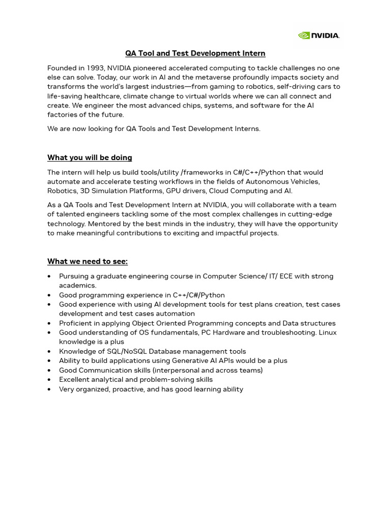 NVIDIA 6M Jul-Dec Fall - QA Tool and Test Development Intern | PDF