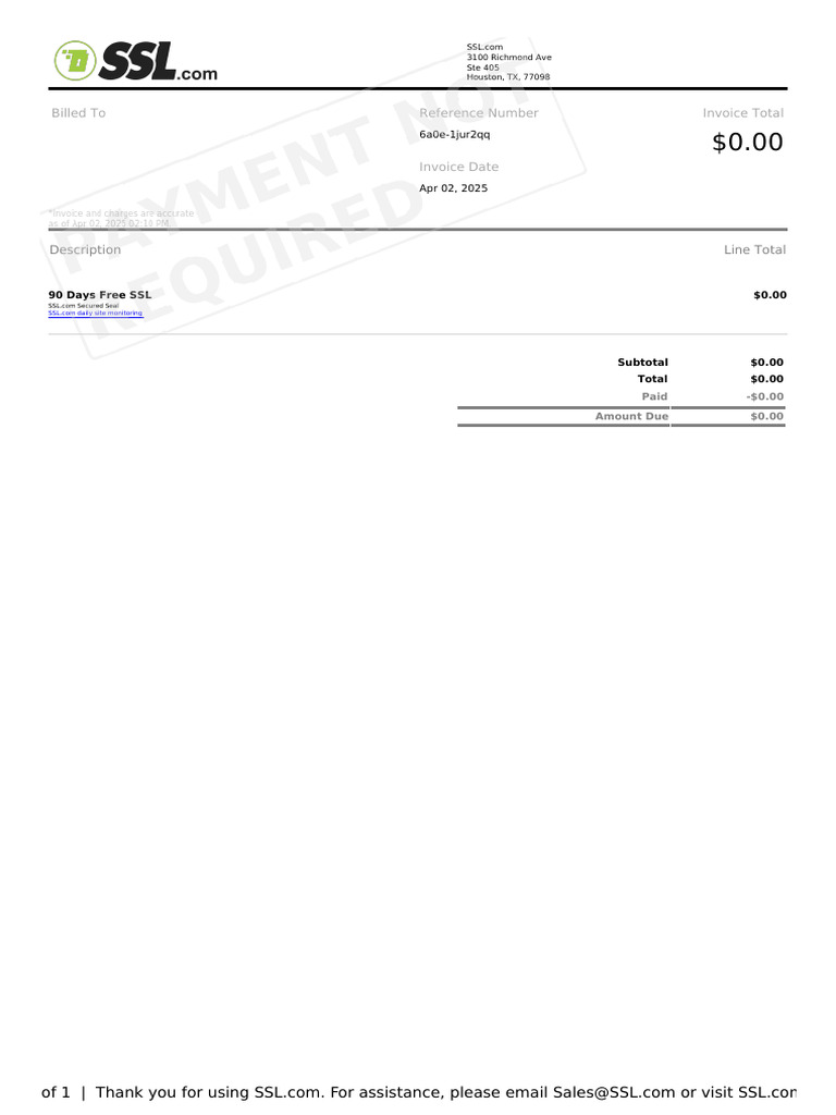 Free SSL Invoice - April 2025 | PDF