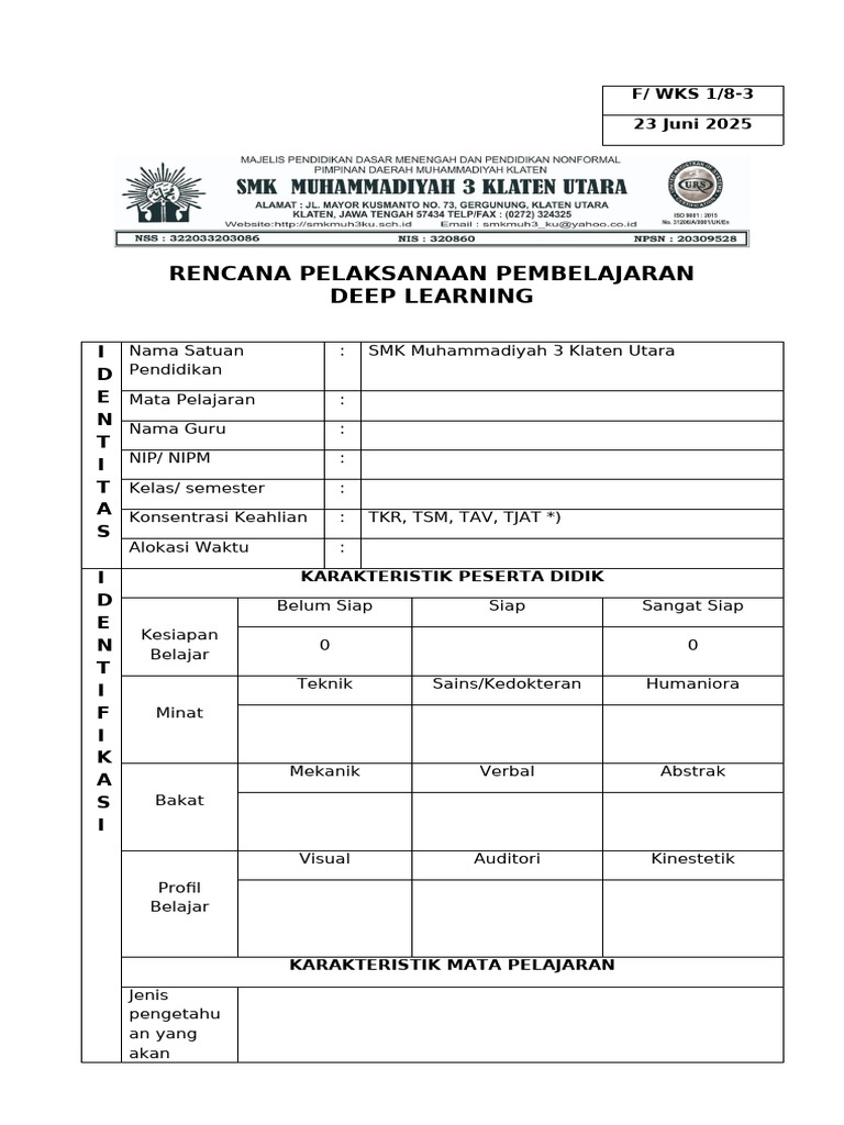 1. Form Rpp Deep Learnng Mapel_muh 3 | PDF