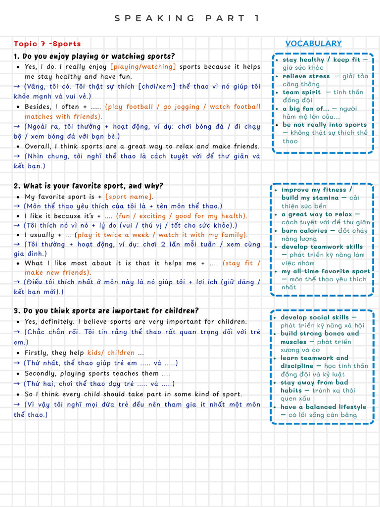 VSTEP SPEAKING PART 1 - TOPIC 7,8,9,10 | PDF