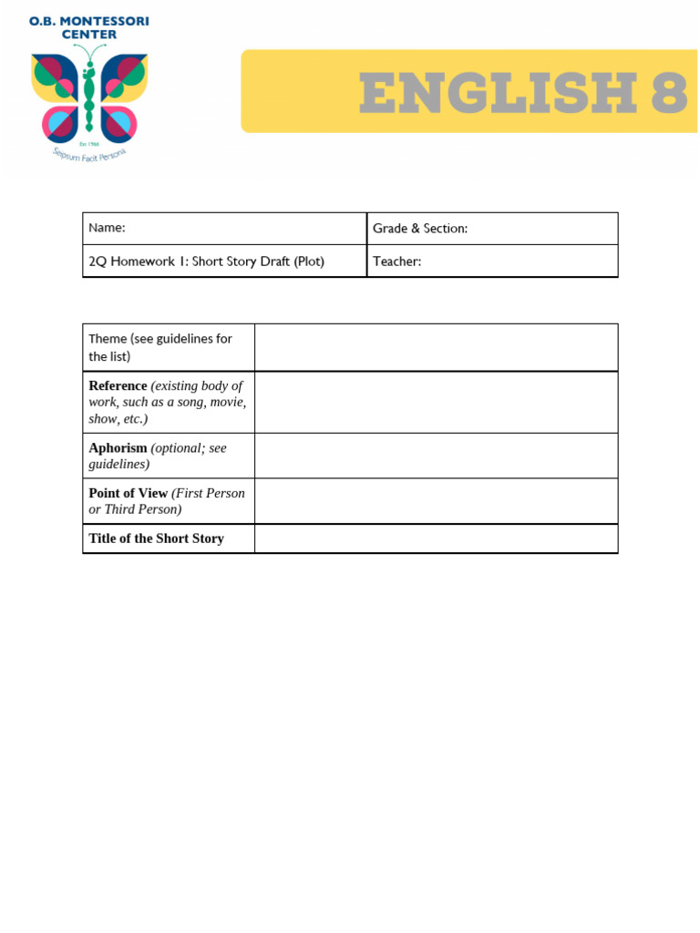 Grade & Section: 2Q Homework 1: Short Story Draft (Plot) Teacher | PDF