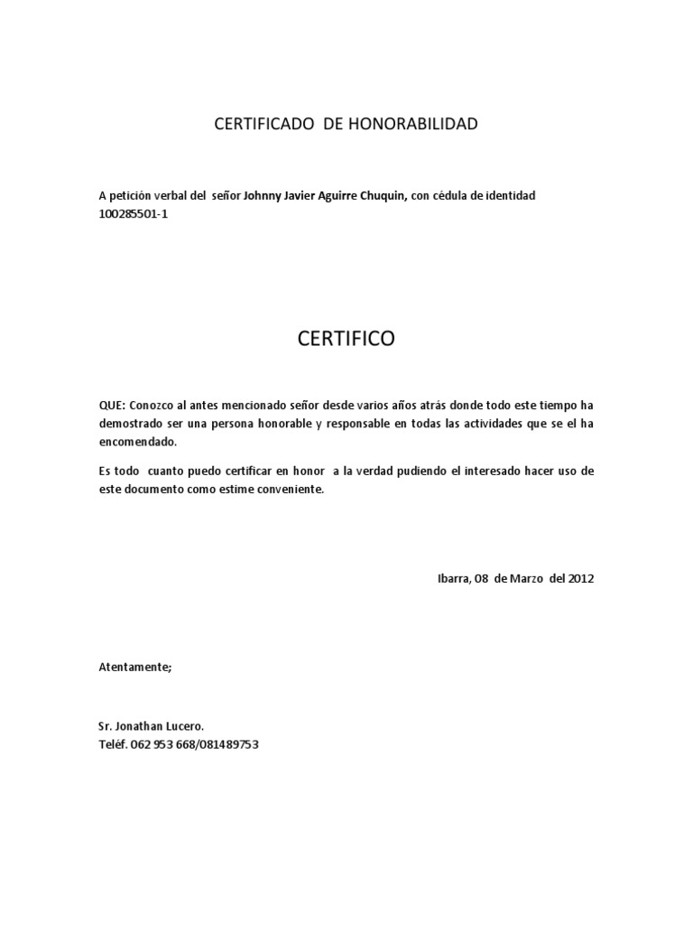 CERTIFICADO DE HONORABILIDAD