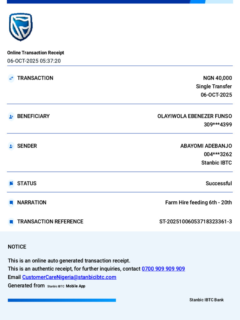 Receipt For Transfer To Olayiwola Ebenezer Funso 06 Oct 2025 053720 | PDF