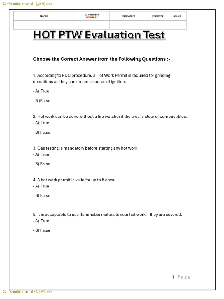 Hot PTW Evaluation Test | PDF | Safety | Occupational Safety And Health