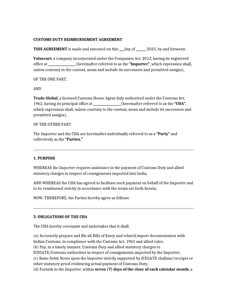 Customs Duty Reimbursement Agreement | PDF | Indemnity | Arbitration