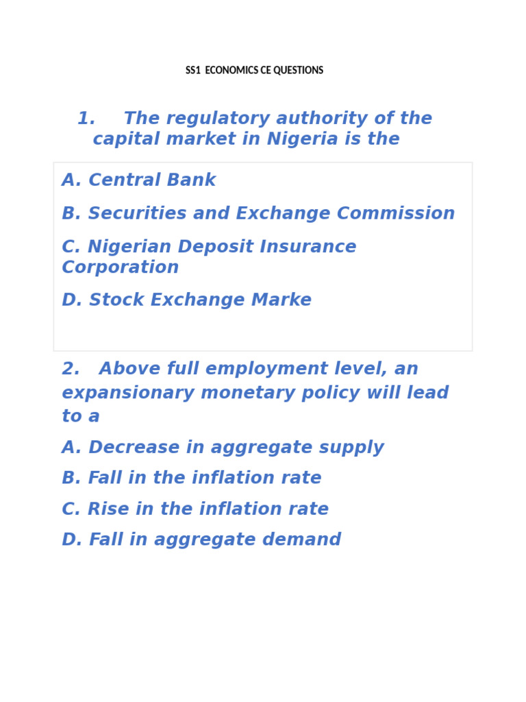Ss1economics Ce Questions New | PDF