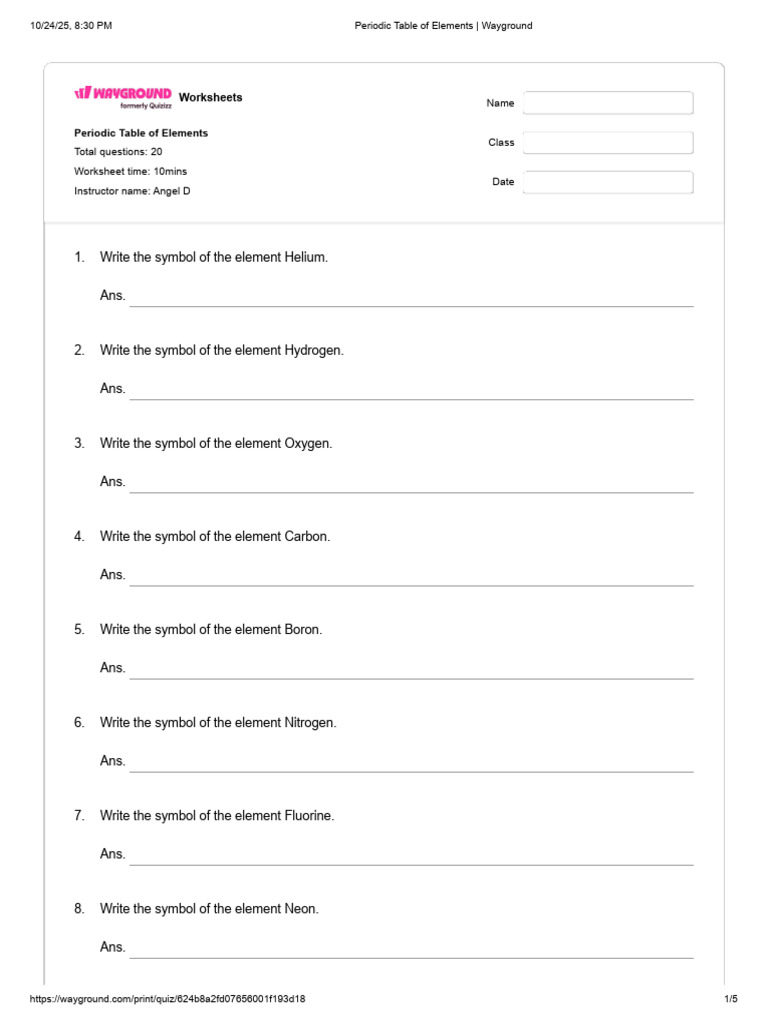 Periodic Table Symbols Worksheet | PDF | Chemical Elements | Periodic Table