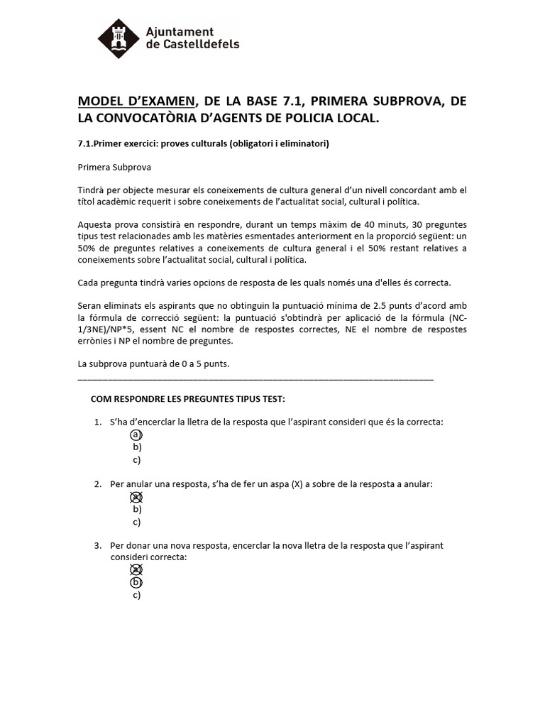 Model Prova Tipus Test Amb Indicacions Resposta | PDF