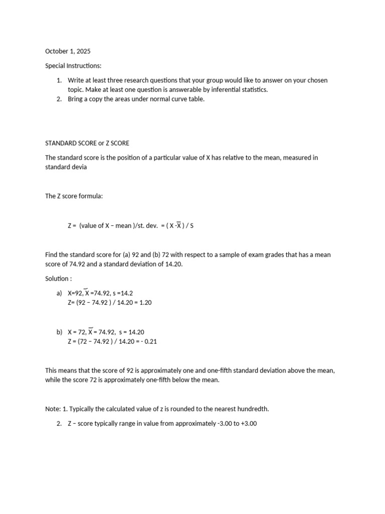 Standard Score | PDF | Standard Score | Normal Distribution