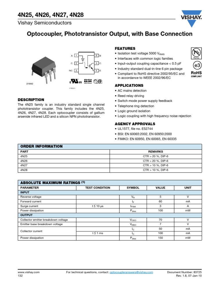 4N25, 4N26, 4N27, 4N28: Vishay Semiconductors | PDF