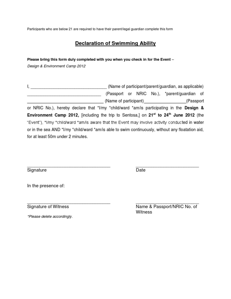 Swimming Ability Declaration Form | PDF | Business | Finance & Money ...