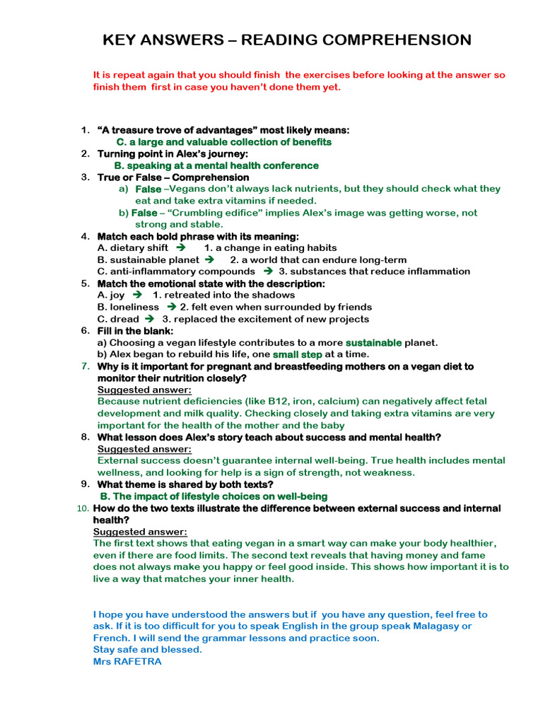 Key Answers for Reading Comprehension | PDF | Veganism | Nutrition