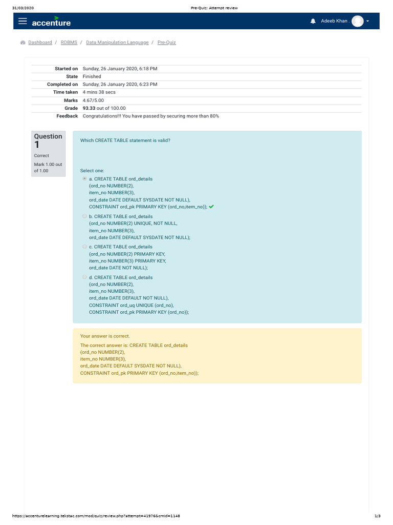 RDBMS Pre-Quiz Attempt Review | PDF | Table (Database) | Sql