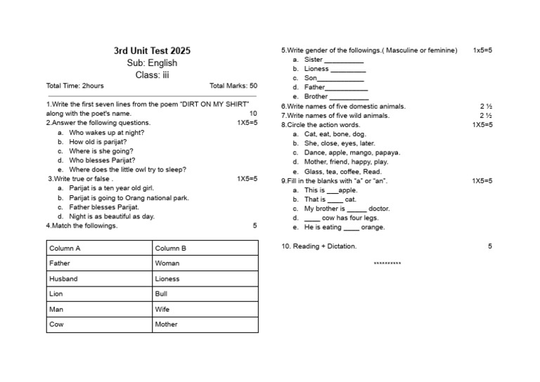 Class III 3rd Unit Test | PDF | Chess Theory