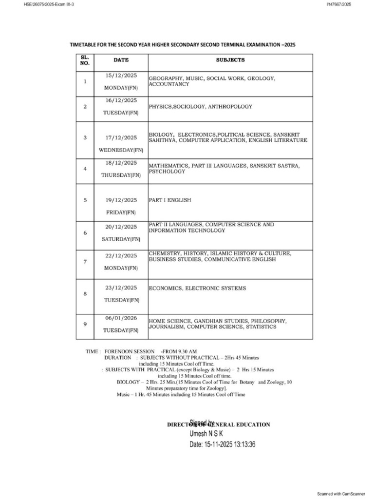 PlusTwo Term 2 Time Table Dec 2025 (Hsslive) | PDF