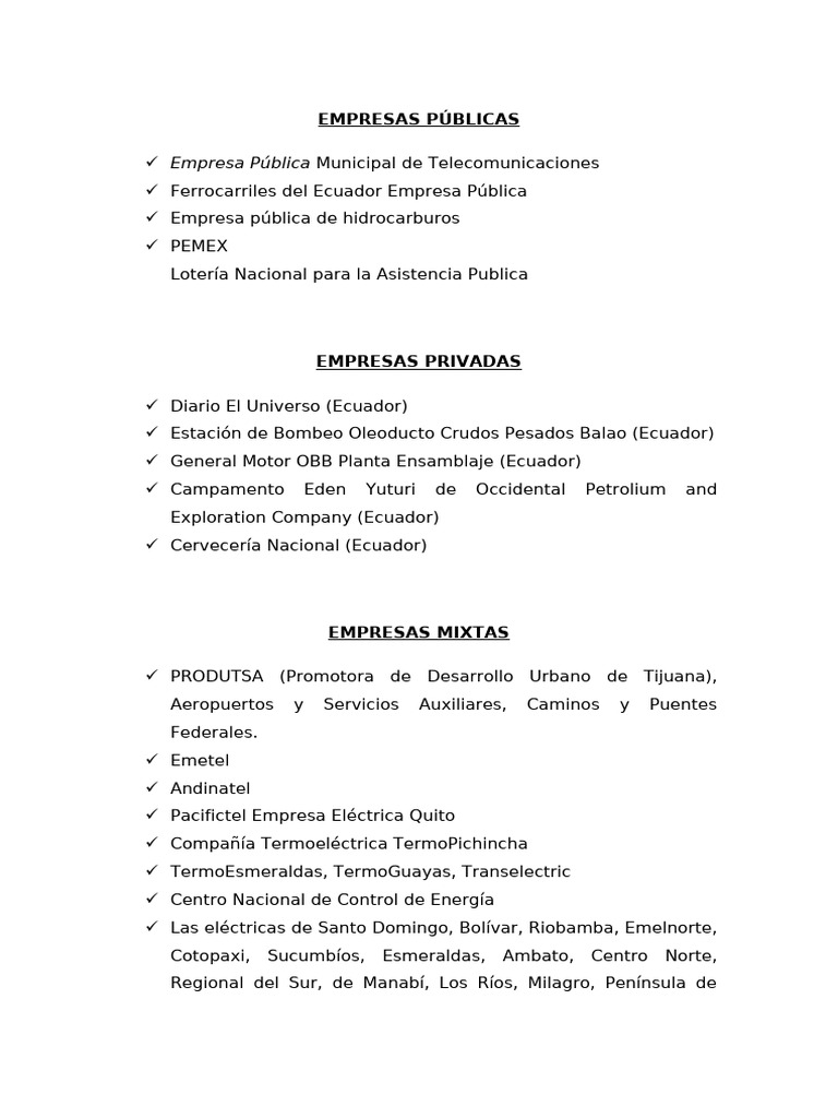 Empresas Públicas, Privadas y Mixtas en Ecuador | PDF