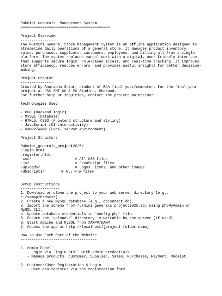Rukmini General Store Management System | PDF | My Sql | Databases