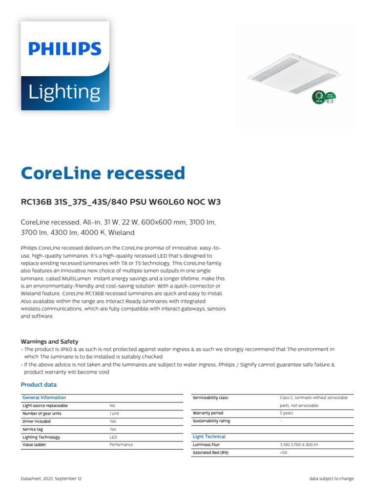 Philips CoreLine Recessed LED 31W | PDF | Power Supply | Light