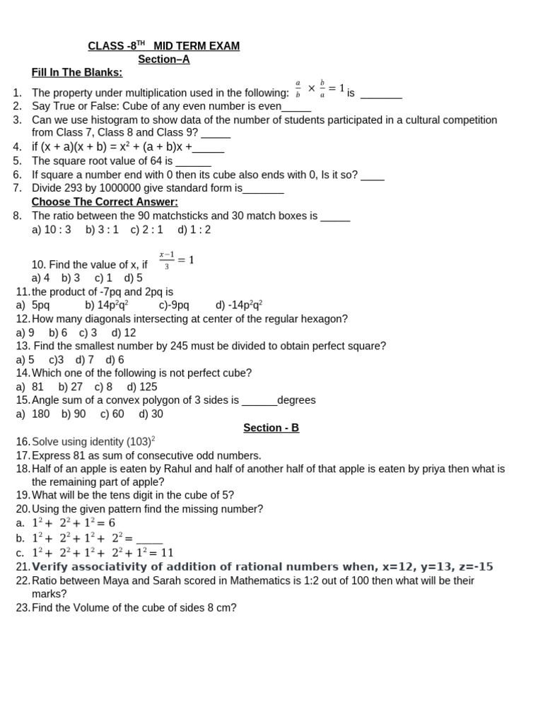 Class 8 Mid Term Exam Questions | PDF | Mathematics | Elementary ...