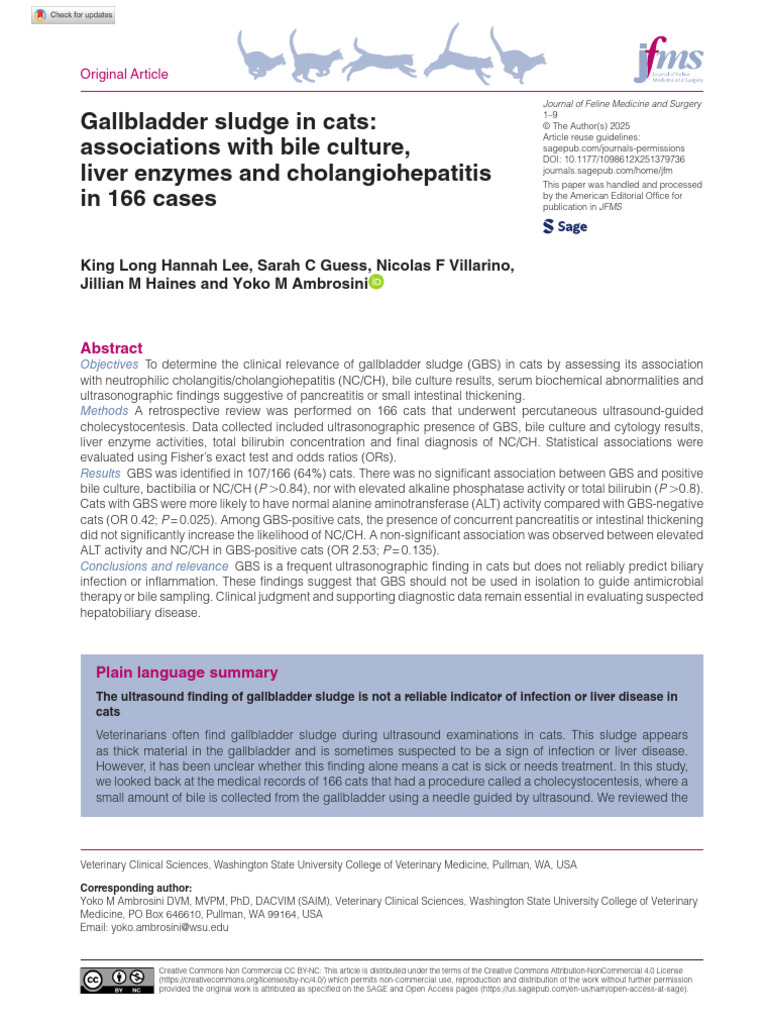 Lee Et Al 2025 Gallbladder Sludge in Cats Associations With Bile ...