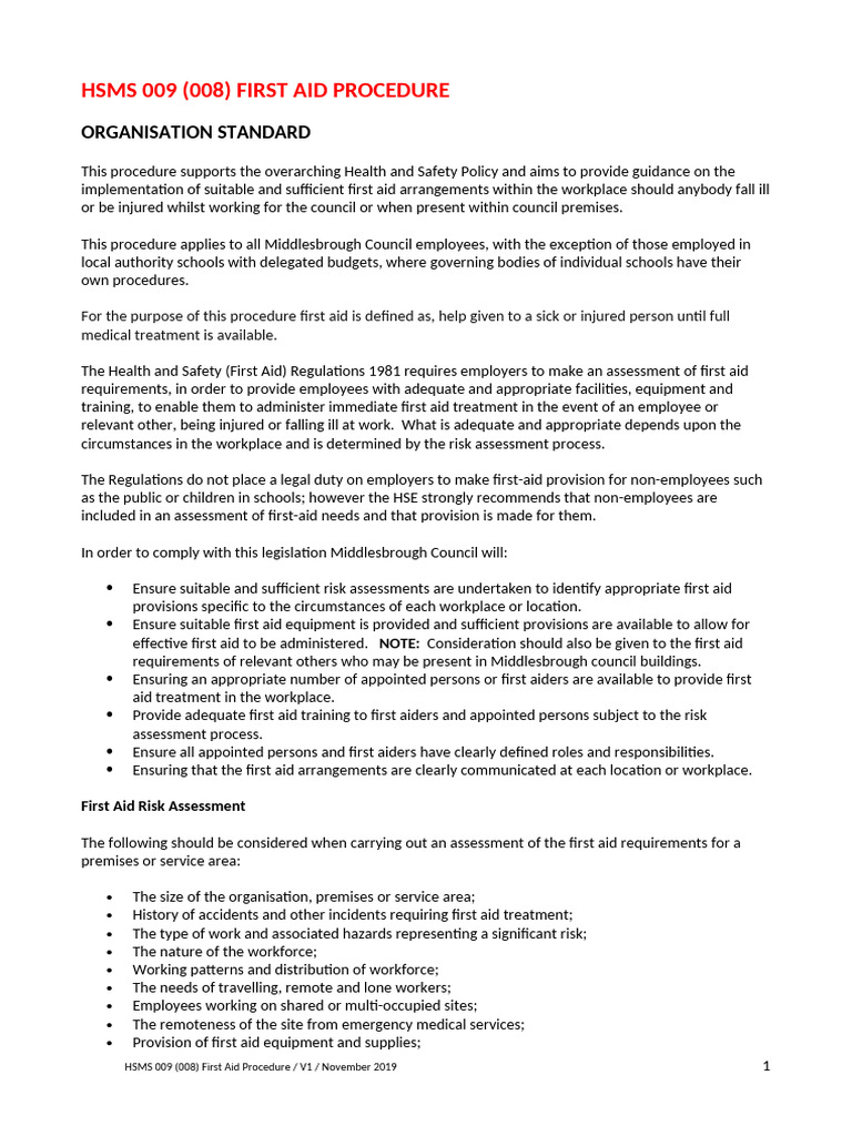 First Aid Procedure for Middlesbrough Council | PDF | First Aid ...