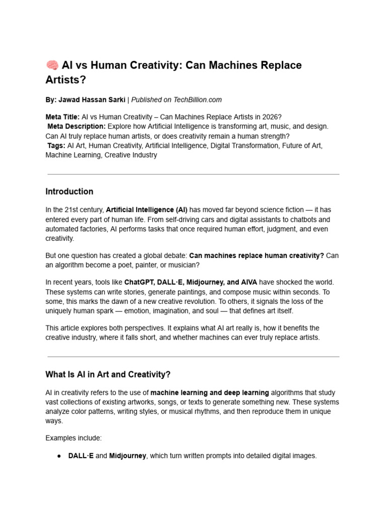 Al Vs Human Creativity - Can Machines Replace Artist PDF | PDF ...