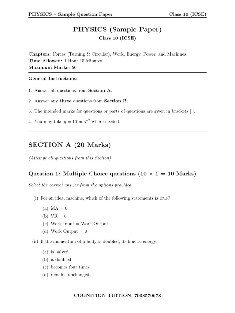Class 10 ICSE Physics Sample Paper | PDF | Force | Quantity