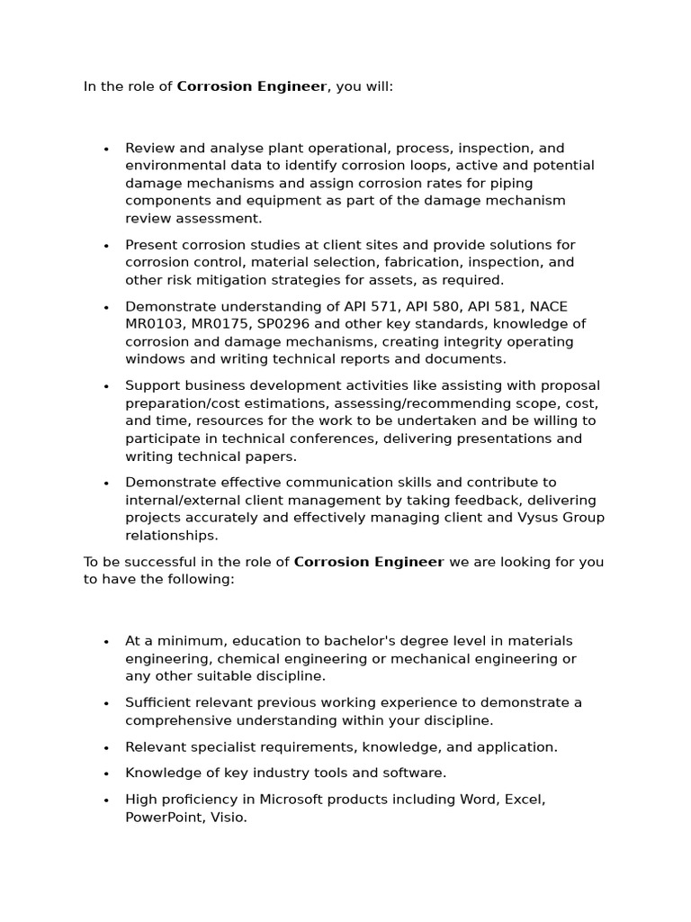 Role of Corrosion Engineer | PDF | Engineering | Engineer