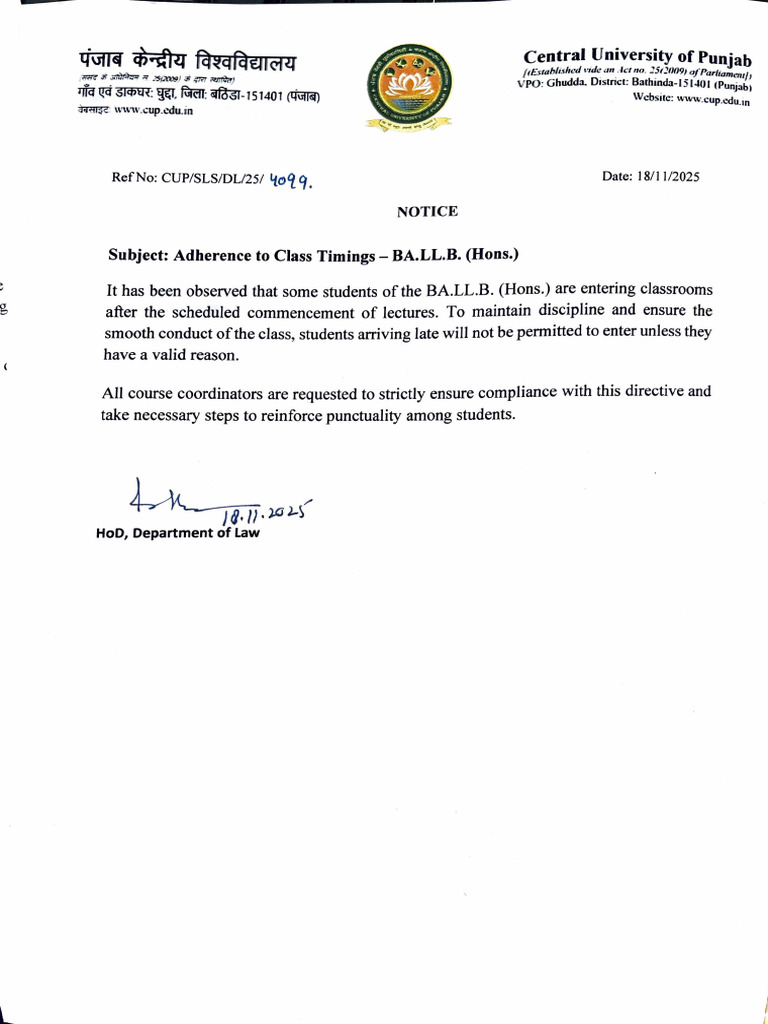 Notice on Class Timings for BA.LL.B. Students | PDF