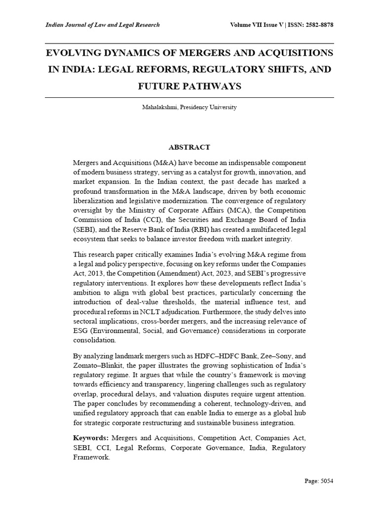 Evolving Dynamics of Mergers and Acquisitions in India- Legal Reforms ...